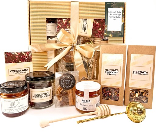 KOSZ PREZENTOWY HERBATY CZEKOLADKI MIÓD DUŻY BOX na święta z herbatą zestaw