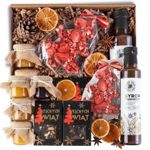 KOSZ PREZENTOWY ŚWIĄTECZNY ZESTAW HERBAT CZEKOLADA SYROP PIERNIKOWY ŚWIĘTA